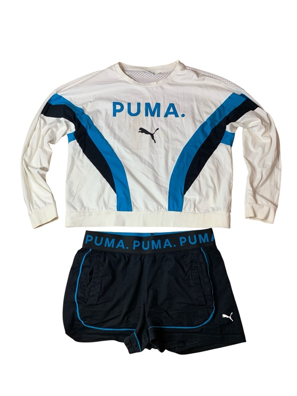 PUMA Activewear Set Crop Long Sleeve Top XS & Shorts S Black Blue White